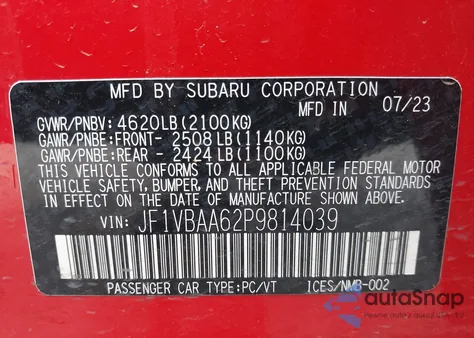 2023 Subaru Wrx z USA, uszkodzony, nr VIN JF1VBAA62P9814039